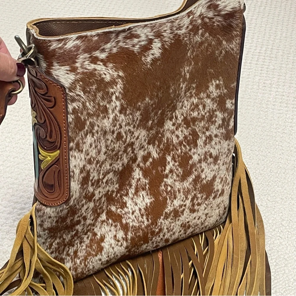 American Darling Cow Print Hair Fringe Western Purse Crossbody Messenger Bag - Picture 3 of 13